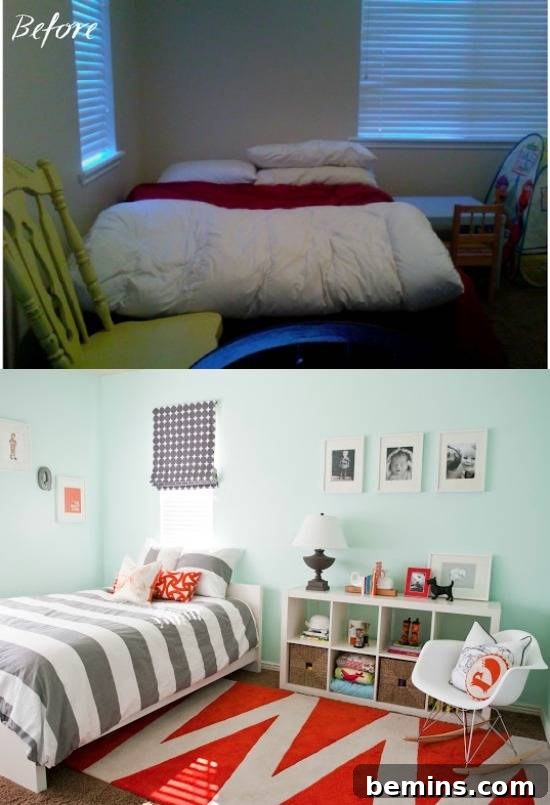 Bold bedroom makeover featuring a blue and orange color scheme