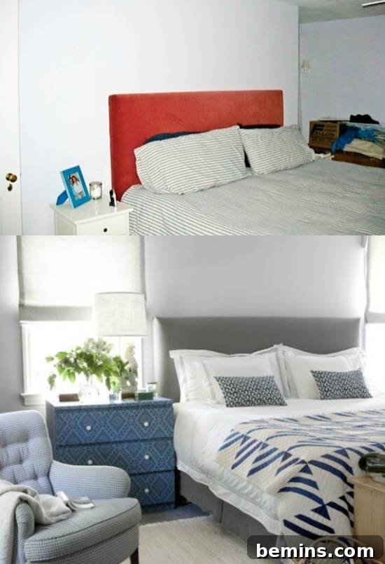 Bright bedroom makeover with bold blue walls and graphic linens