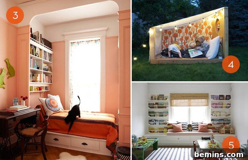 Warm Window Seat Reading Nook with Built-in Shelves