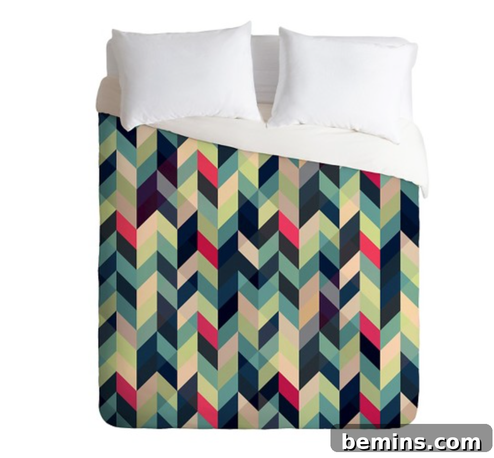 From Bland to Brilliant: 13 Colorful Bedroom Decor Ideas 11 Chevron kilim lightweight duvet cover from Target adds a geometric pattern and visual interest to the bedroom decor.