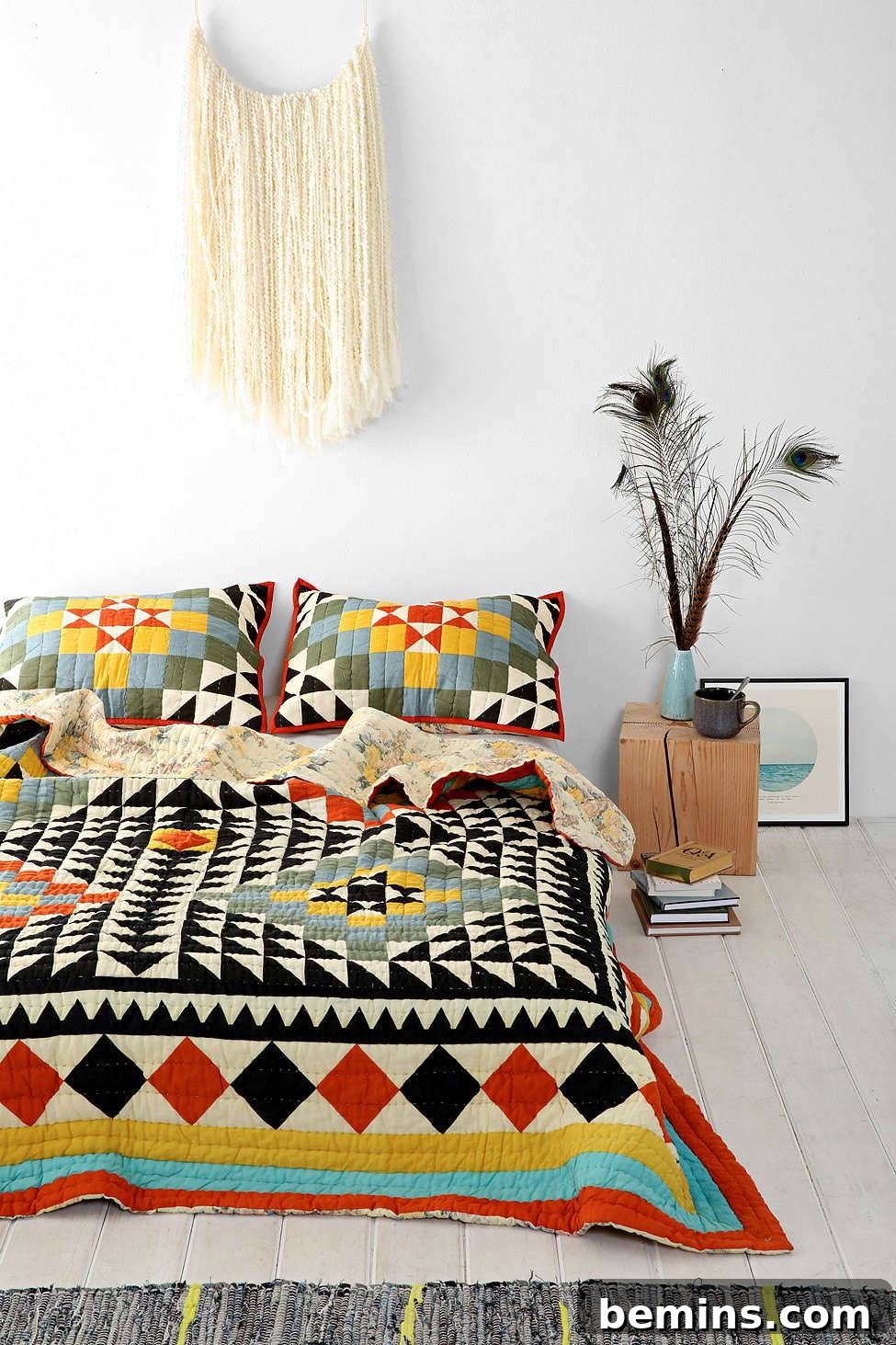 From Bland to Brilliant: 13 Colorful Bedroom Decor Ideas 13 Quilted geometric bedding from Urban Outfitters adds texture and visual interest to a colorful and inviting bedroom setting.