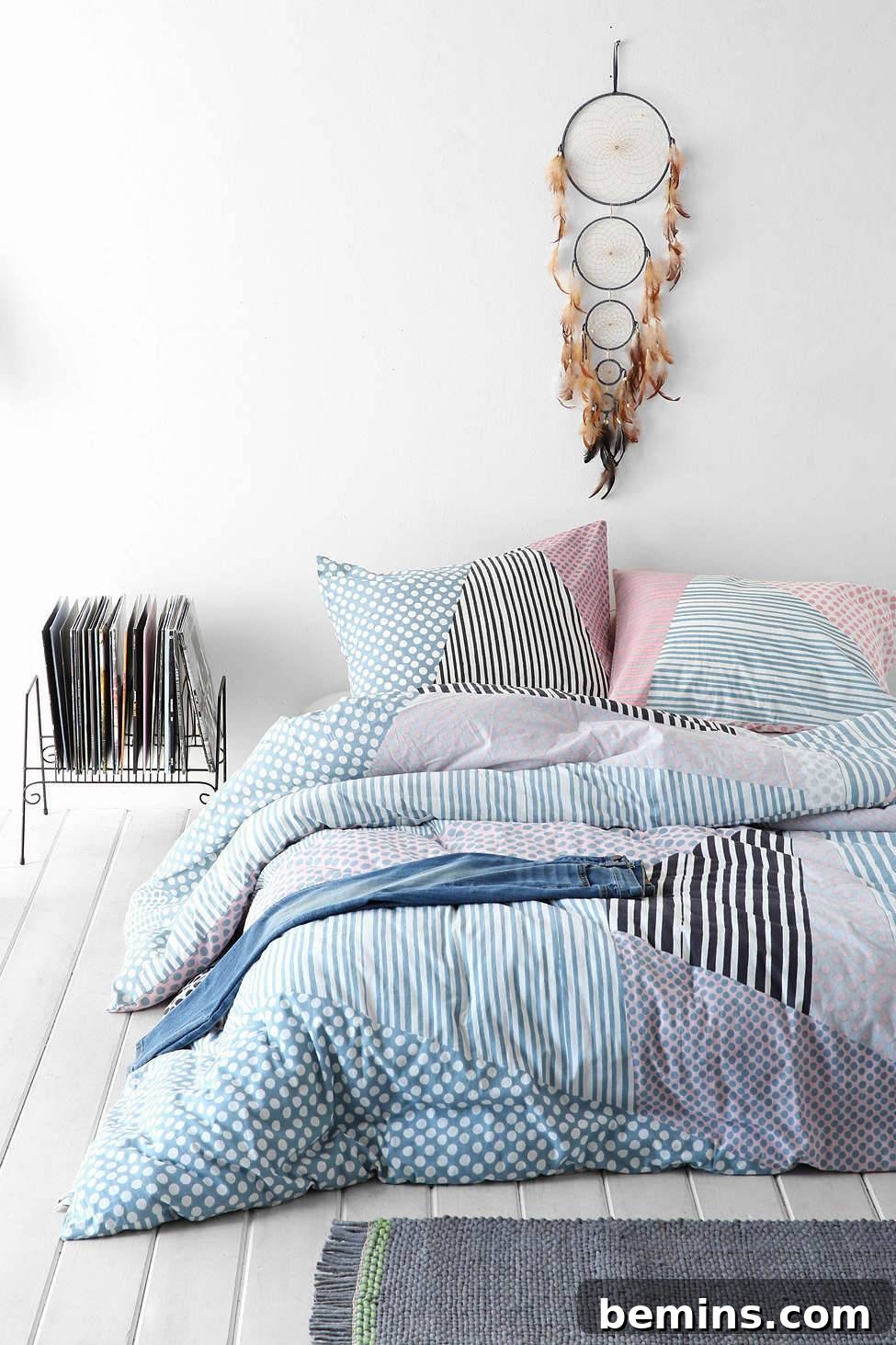 From Bland to Brilliant: 13 Colorful Bedroom Decor Ideas 3 A beautifully decorated bed with patterned comforter and pillows, complemented by a dream catcher, creates a serene and colorful bedroom atmosphere.
