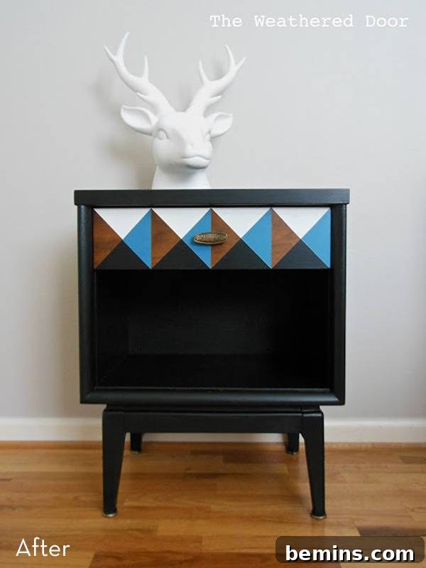 Top Painted Furniture Transformations: Editors' Picks 8 Nightstand after geometric paint job dark blue with light blue edging