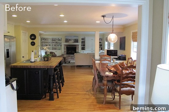 A wooden table and chairs are located near a kitchen island in a 'before' image, showing a traditional and somewhat dated kitchen space.