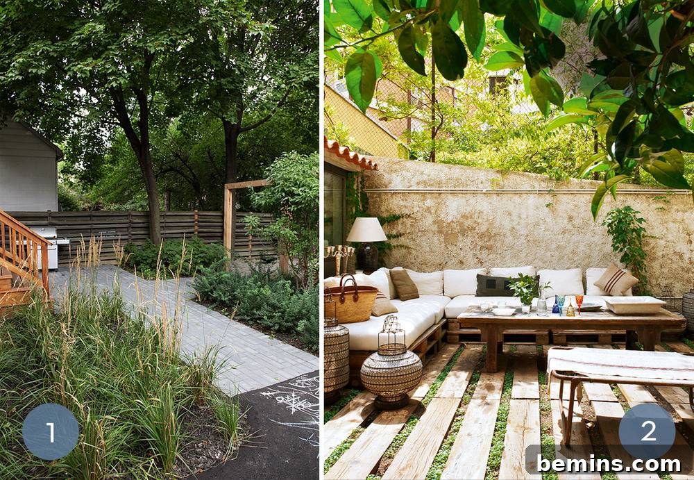 Grass-Free Backyard with Unique Walkways and Lush Greenery