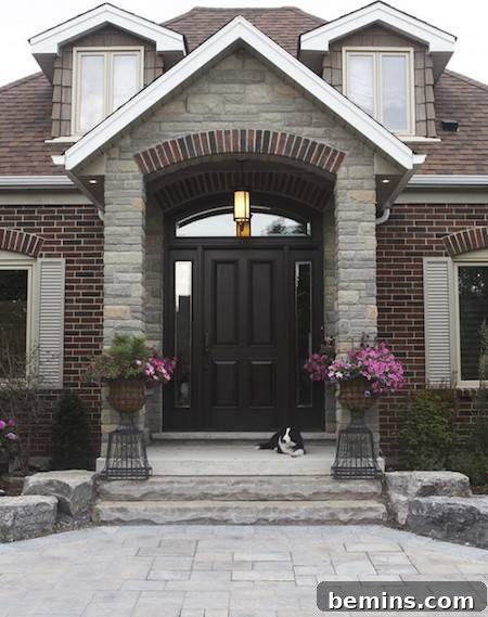 A large house with a striking black door entrance, exuding elegance and sophistication.