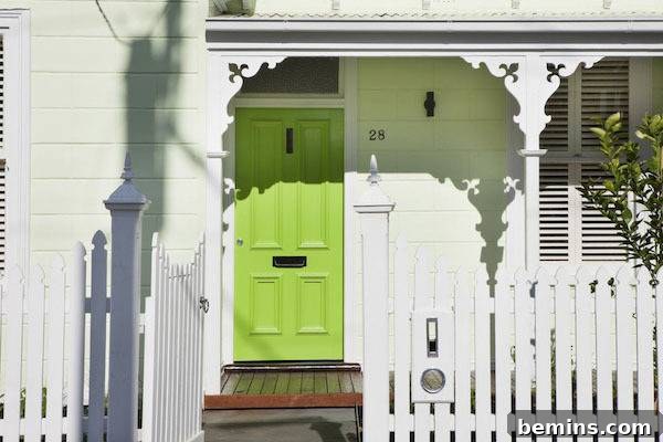 A white house with a gate and a lime green door, creating a refreshing and unique entrance.