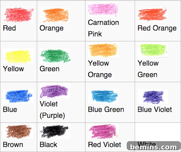 A grid of color swatches with names, illustrating a range of hues inspired by a classic crayon box.