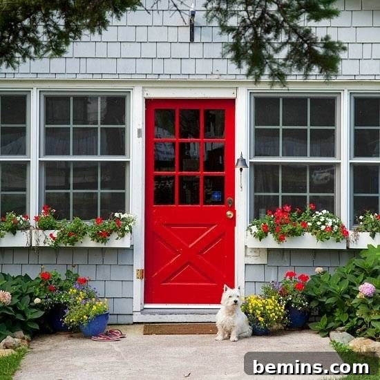 A cherry red door on a white house, complemented by a white dog in front, creating a charming and welcoming scene.