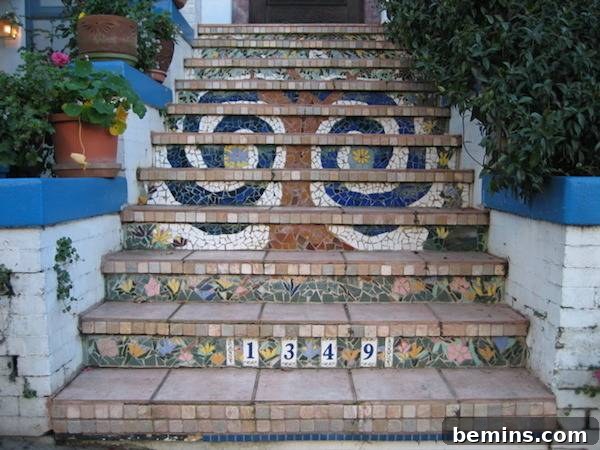 Decorative steps with the number 1349 lead up to a house.
