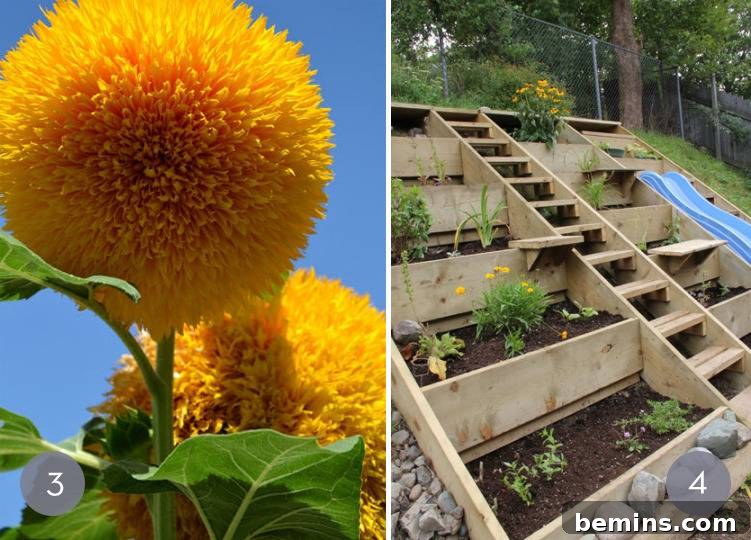 Dramatic giant yellow Teddy Bear sunflowers adding a 'wow' factor to a garden