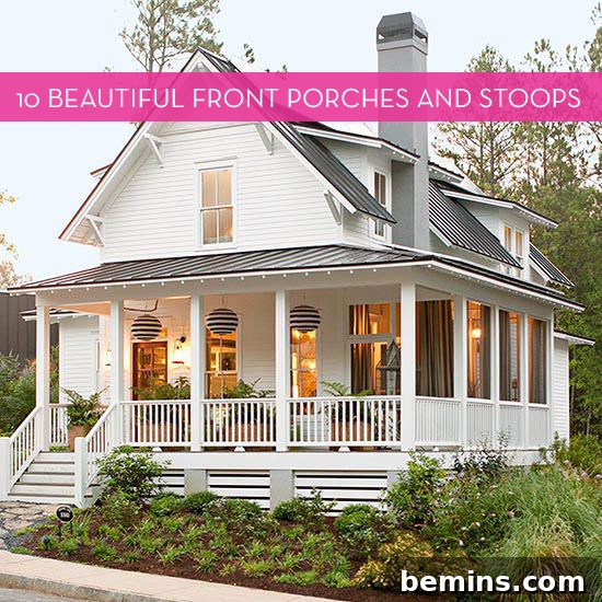 Classic Front Porch with White Columns and Greenery