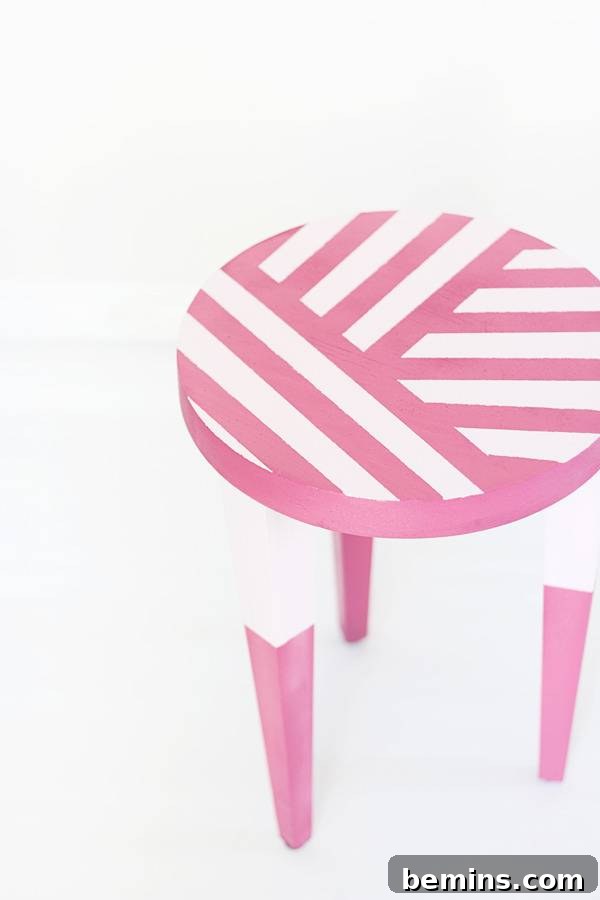 DIY Simple Stool Makeover: Removing Painter's Tape to Reveal the Finished Design