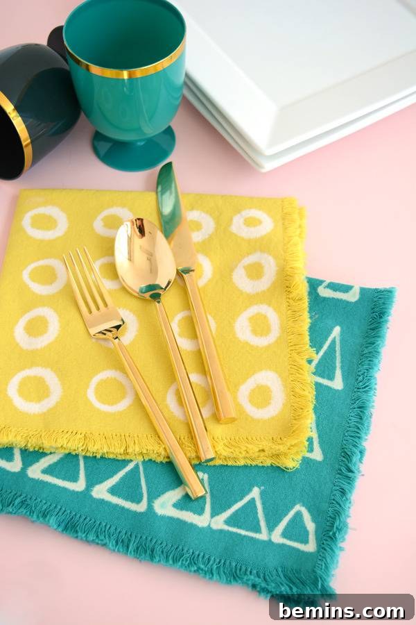 DIY Bleach Stenciled Geometric Napkins 4 Green and Yellow napkins with Fork, Spoon and Knife Set