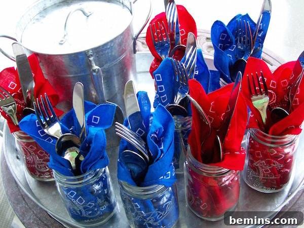Red and blue bandanas help to wrap utensils.