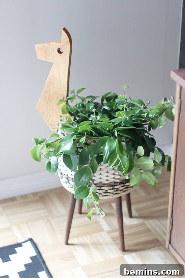 Another Angle of the Repurposed Sewing Basket Llama Planter