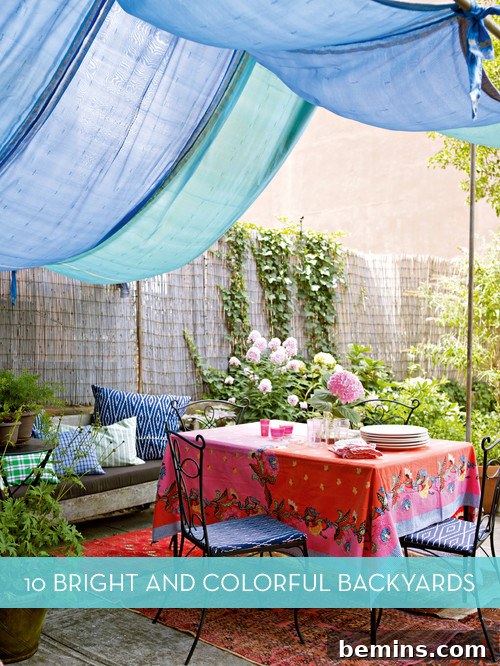 Vibrant backyard patio with colorful furniture and decor