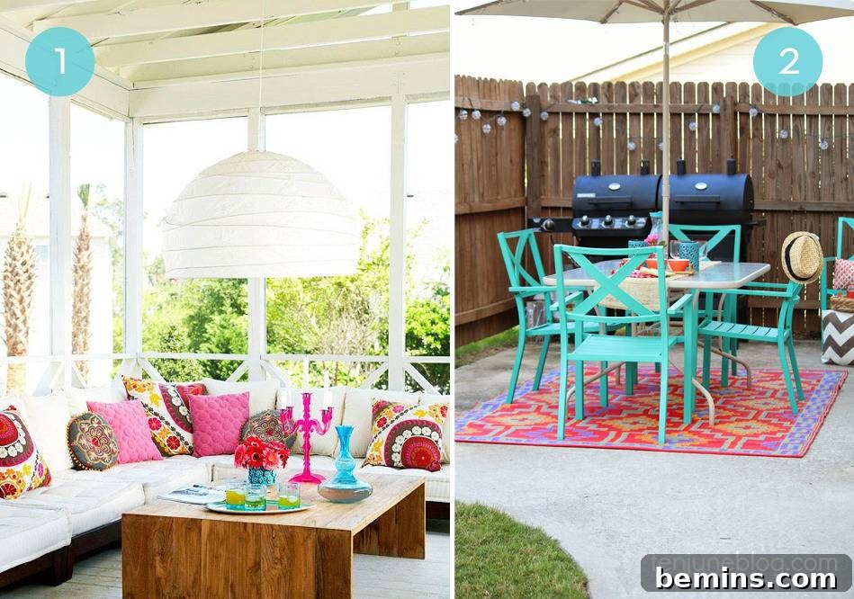 Neutral patio furniture with a burst of colorful pillows