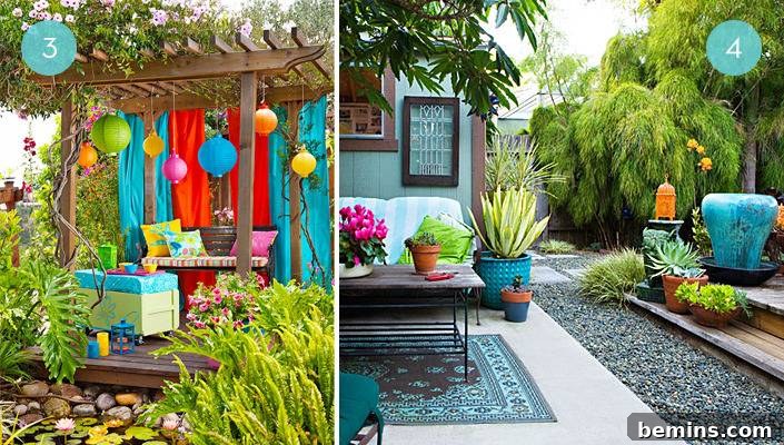 Colorful paper lanterns and textiles adding vibrancy to an outdoor space