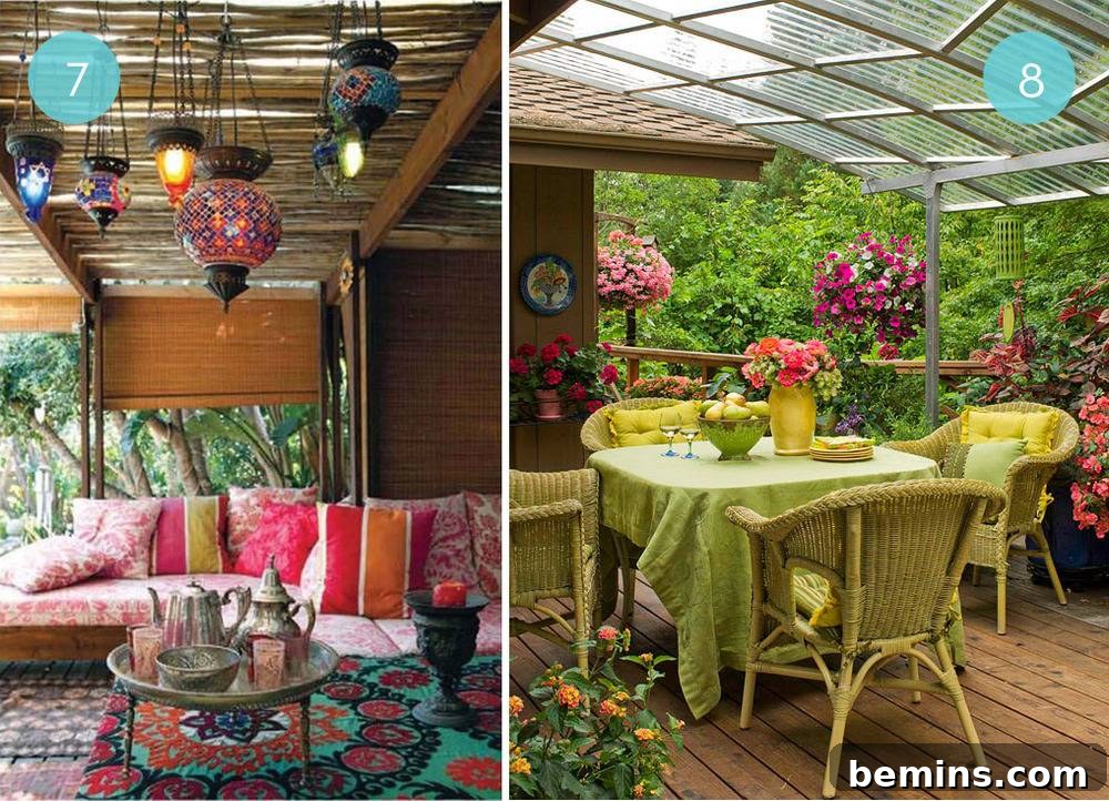 Inviting porch with eclectic and worldly accessories