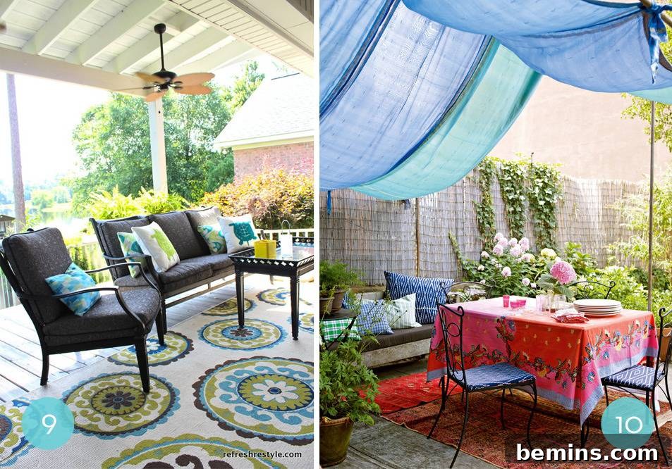 Porch with blues and greens creating a vibrant and relaxing atmosphere