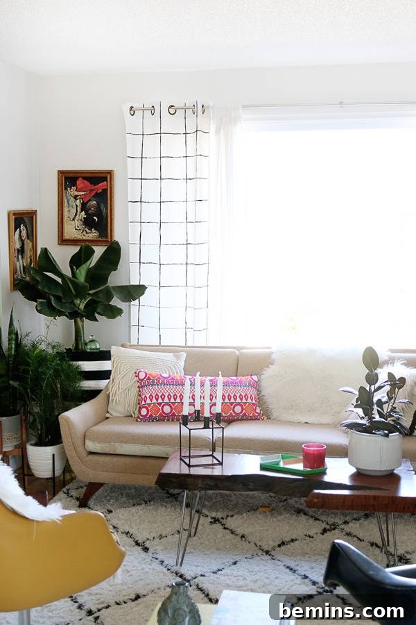 Finished DIY Painted Grid Curtains Hanging