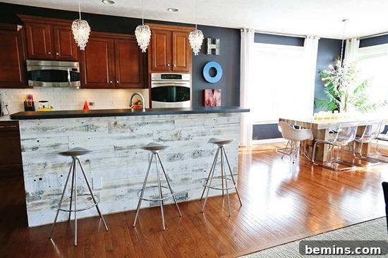 IKEA kitchen island beautifully finished with Stikwood reclaimed weathered wood panels, adding rustic charm.
