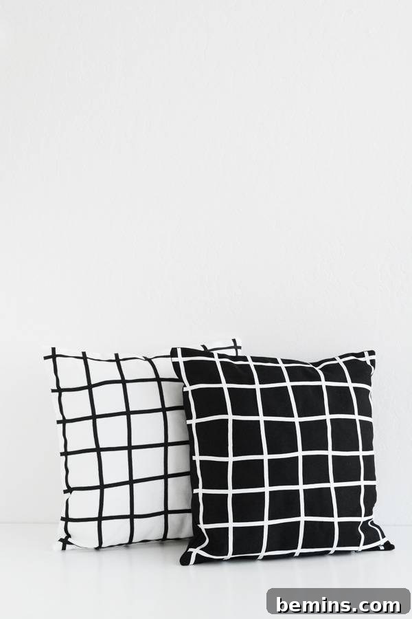 Stylish Geometric Pillows Easy DIY Guide 17 A crisp white geometric grid pillow with black stripes, and a contrasting black pillow with white stripes, displayed together.