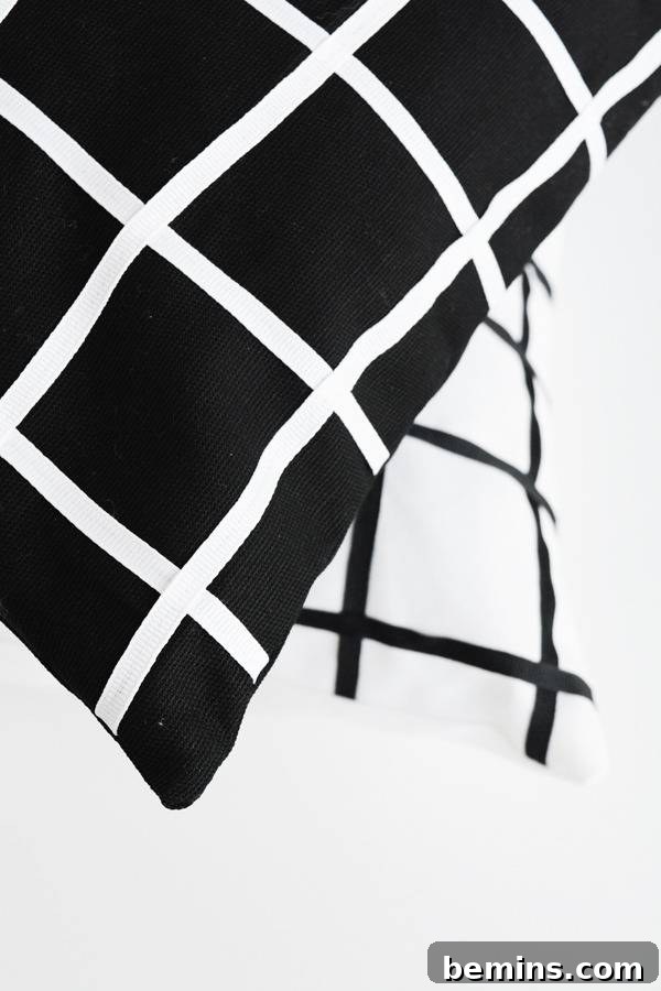 Stylish Geometric Pillows Easy DIY Guide 18 A pair of elegant black and white geometric grid pillows, perfectly styled to add a contemporary touch to any home.