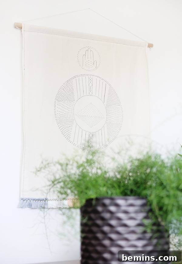Budget-Friendly Boho Chic Textile Art 9 Finished wall hanging with patterns