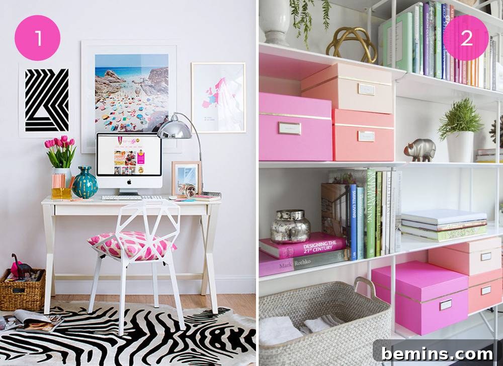 Black and White Workspace with Pink and Blue Accents