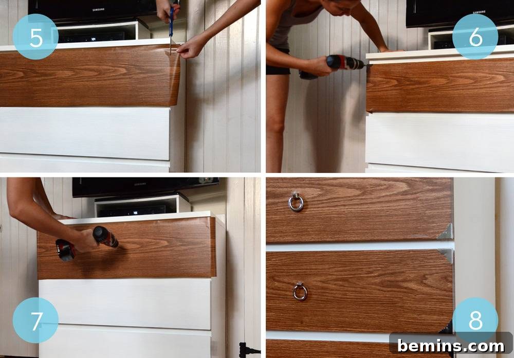 Before and After: An IKEA Malm Hack - Applying contact paper.