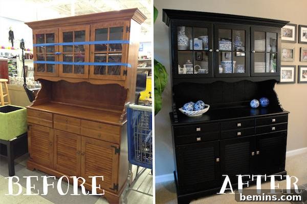 A china cabinet showcased in its original state of a medium-toned wood, contrasted with its refinished appearance in black and updated hardware.