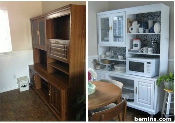 An entertainment center transformed into a stylish kitchen hutch after being painted white.