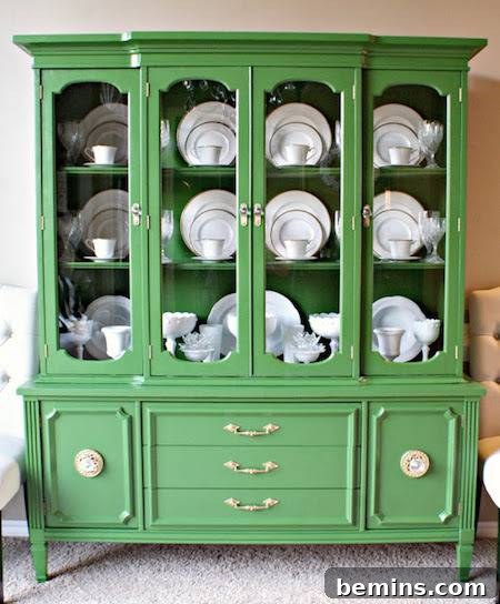 A green cabinet showcasing fancy china, creating an elegant and vibrant display.