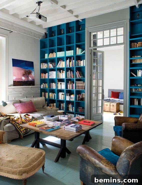 Blue shelves on either side of the door in a living room.