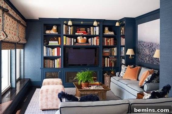 Dark color living room with couches and tv shelf filled with books
