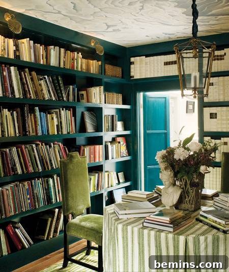 A green chair sits at a table in a room filled with books.