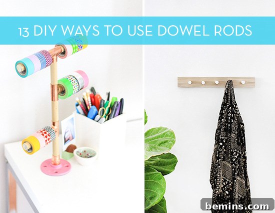 Wooden dowel rods used as a tape holding tree or wall hooks