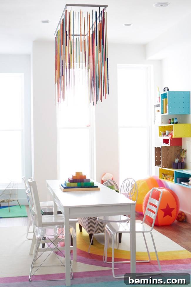 A white table surrounded by four chairs in a room with colorful decorative items