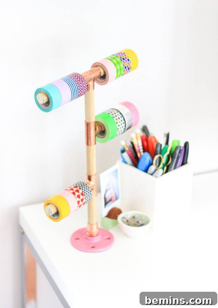 Wooden dowel rods can hold rolls of washi tape