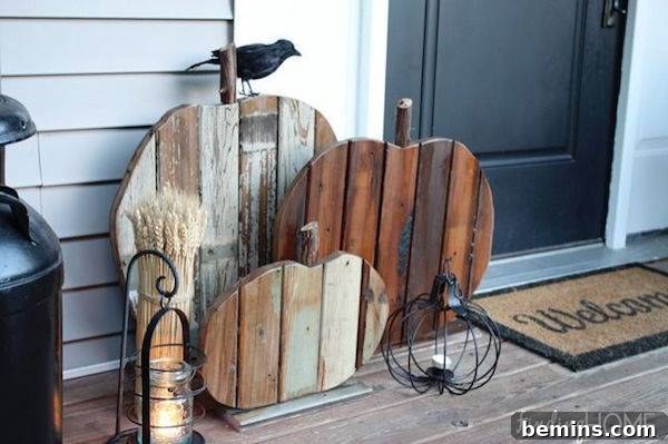 Wooden pumpkin cutouts displayed near a front door, adding a rustic touch to the fall entryway decor.