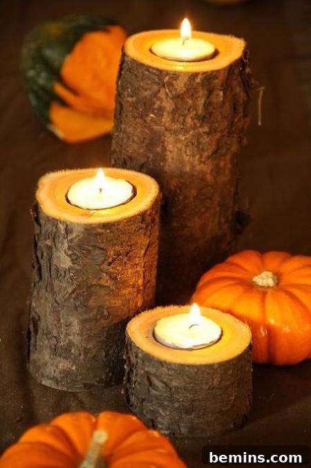 Candles burning on logs near pumpkins, creating a cozy and rustic fall ambiance.