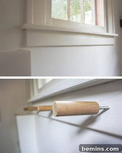 Dowel Rod Coat Hooks on Window Trim