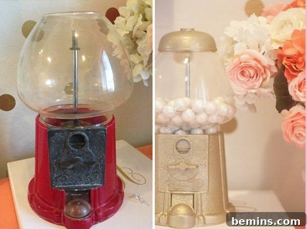 Two gumball machines are standing on white surfaces.
