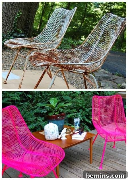 Before and after pictures of bright pink chairs are shown.