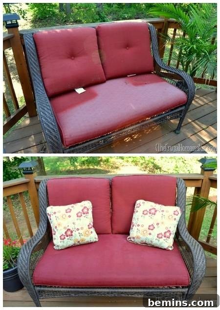 An outdoor loveseat on a deck shown with and without pillows.