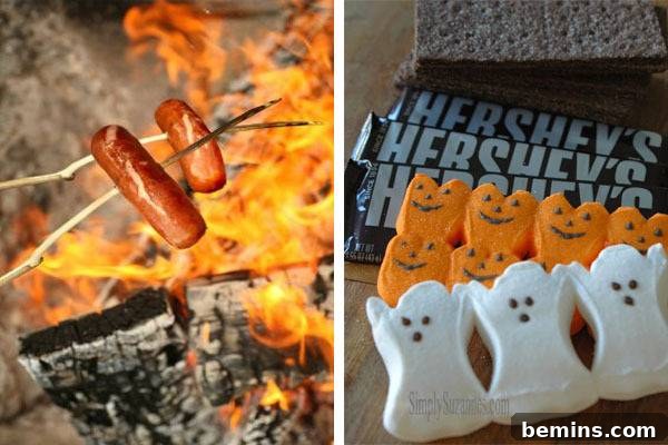 15 Spooktacular Halloween Party Games for Kids 3 Roasting cocktail weiners over a fire, a fun Halloween party activity.