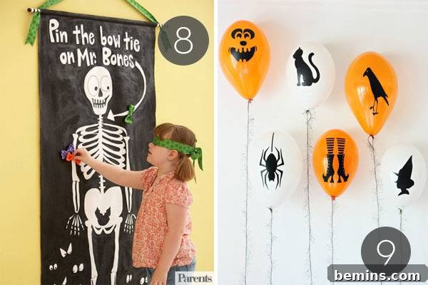 15 Spooktacular Halloween Party Games for Kids 5 Girl playing Pin the Bow Tie on Mr. Bones.