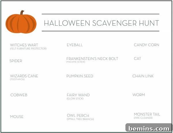 15 Spooktacular Halloween Party Games for Kids 8 A flyer with a Halloween scavenger hunt list next to a pumpkin.